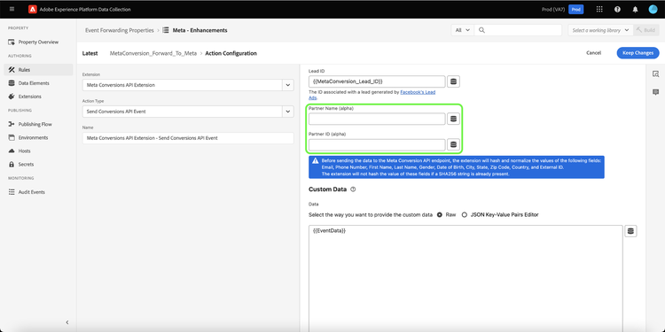 La pagina di configurazione dellinoltro degli eventi Meta Rule evidenzia Partner Name (alpha) e Partner ID (alpha).