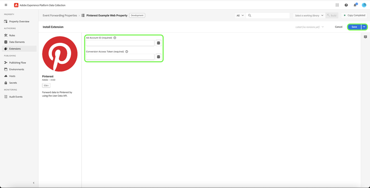 La schermata Pinterest Configure evidenzia i campi di input Ads Account Id e Conversion Access Token.