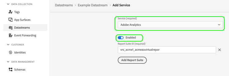 Configurazione dello stream di dati di Analytics abilitata