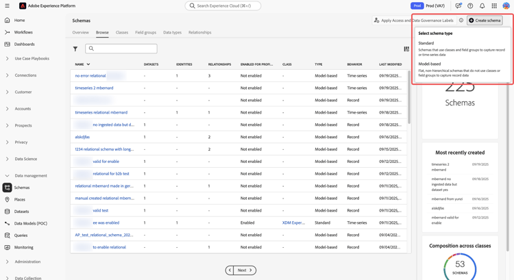Larea di lavoro Schemi con Crea schema evidenziata e il menu a discesa Seleziona tipo di schema visualizzato