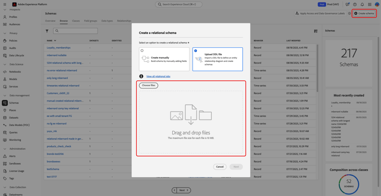 Finestra di dialogo Crea schema basato su modello con Carica file DDL selezionato ed Successivo evidenziato.