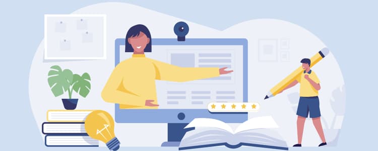 Collage di idee, libri, uomo con matita gigante, computer
