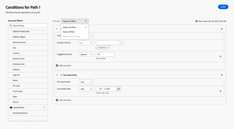 Dividi nodo percorso - condizioni account filtro logica