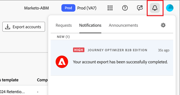 Fare clic sulla notifica per scaricare il file CSV dell’elenco degli account esportati