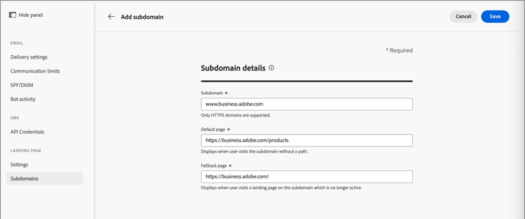 Aggiungi sottodominio della pagina di destinazione