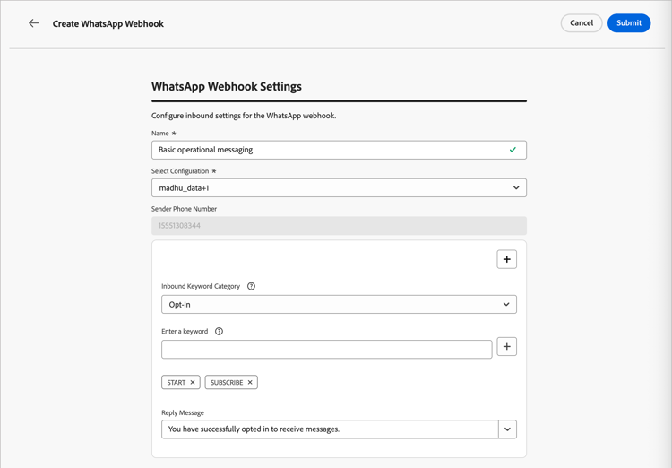Webhook delle impostazioni WhatsApp con parole chiave Opt-in e messaggio di risposta