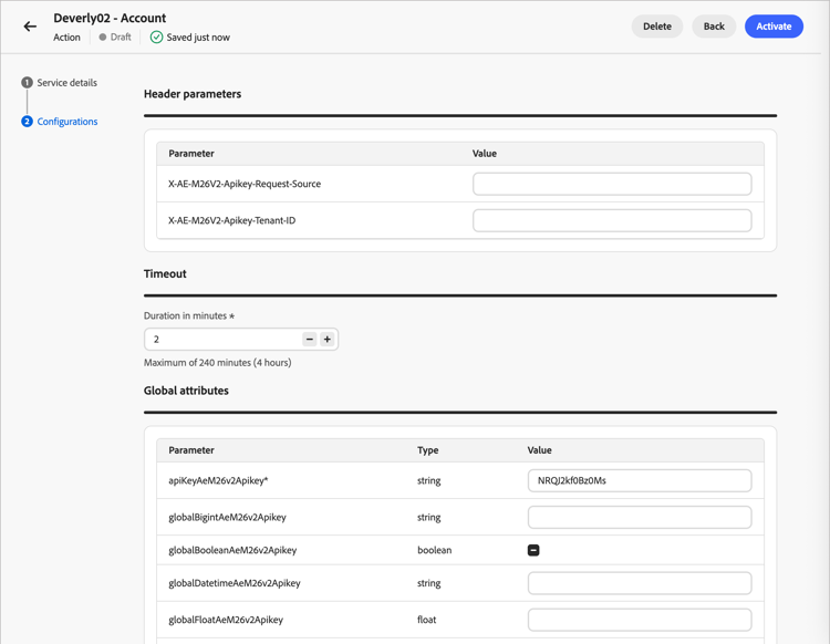 Parametri di intestazione azione esterna, timeout e attributi globali
