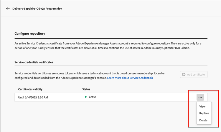 Accedi al menu delle opzioni per il certificato del repository di risorse di AEM