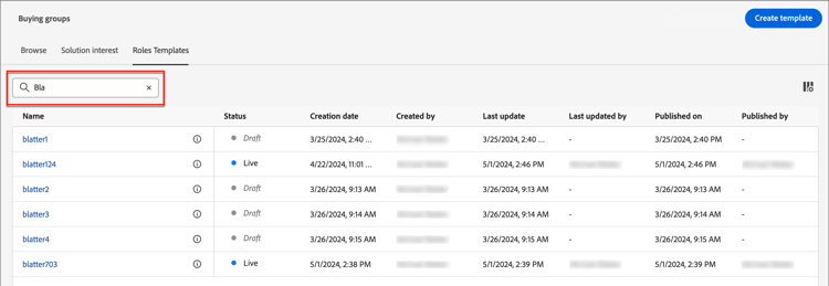 Roles Templates filtering by search string