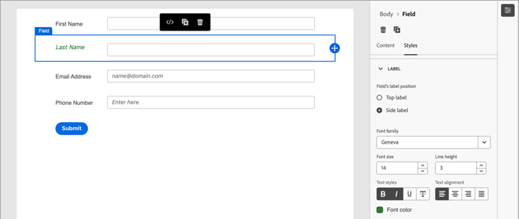 Impostare gli stili delle etichette per il campo modulo