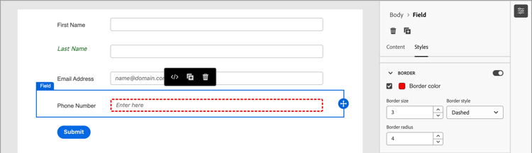 Impostare gli stili del bordo per il campo modulo