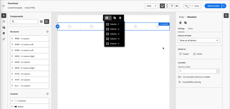 n:n componente colonna visualizzato nell'area di lavoro