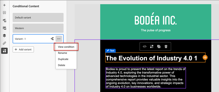 Visualizza la condizione associata alla variante