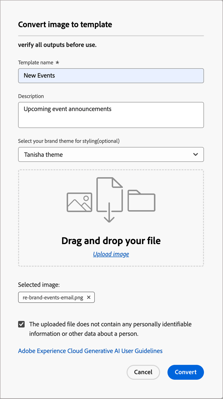 Completare i parametri per convertire un file di immagine in un modello di posta elettronica