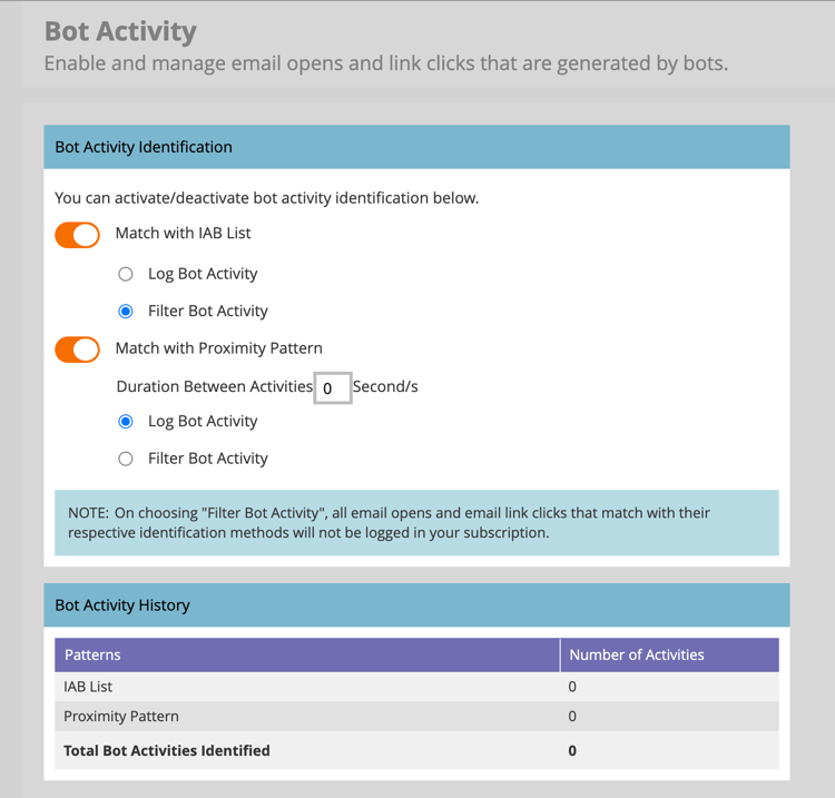 Amministratore e-mail Marketo Engage - Opzioni di identificazione attività bot