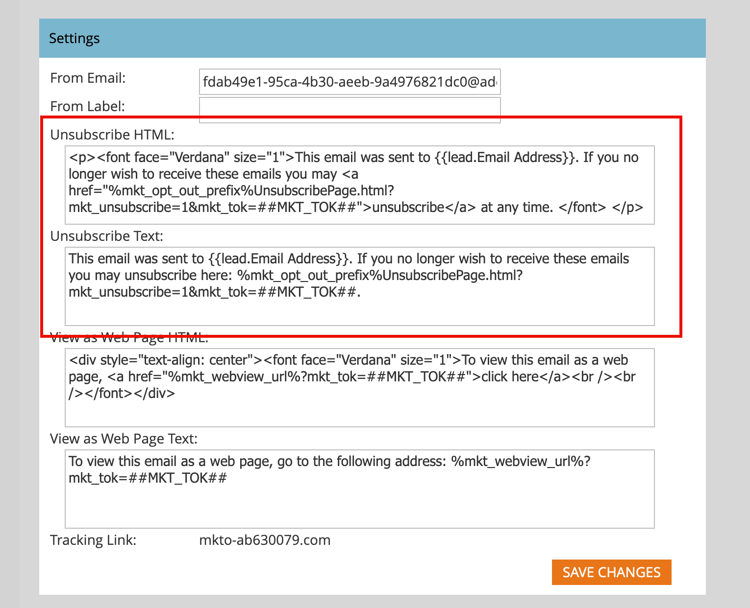 Impostazioni e-mail - Valori predefiniti per Annulla sottoscrizione a HTML e Annulla sottoscrizione testo