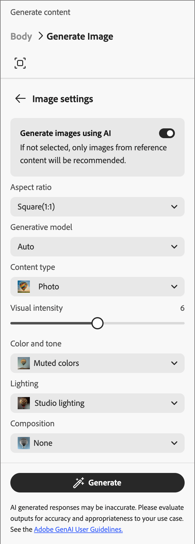 Pannello Impostazioni immagine che visualizza le opzioni Modello generativo, Tipo di contenuto, Intensità visiva, Colore e tono, Illuminazione e Composizione