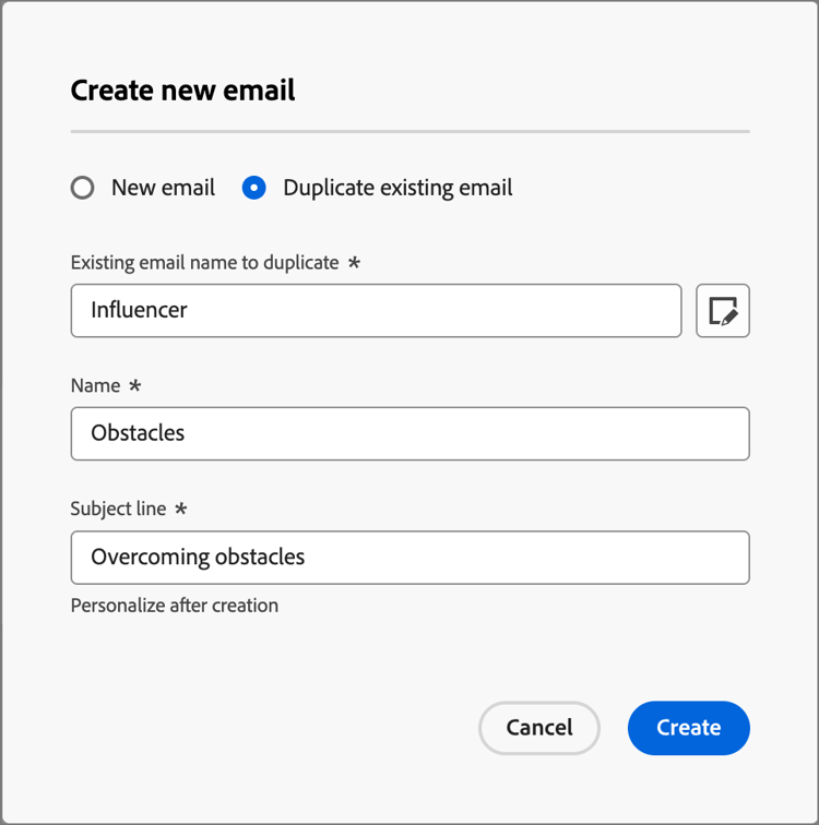 Crea nuova finestra di dialogo e-mail - Duplica e-mail esistente