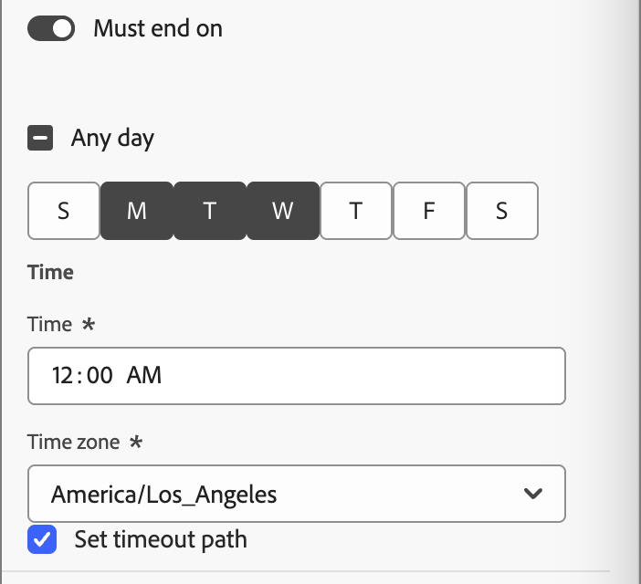 Ascolta il nodo evento - Durata timeout - Deve terminare il