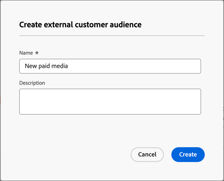 Aggiungi a pubblico cliente esterno - Crea pubblico