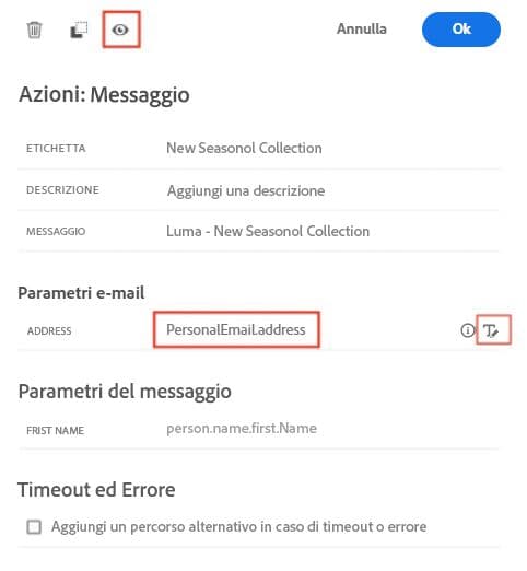 Sostituisci i parametri e-mail