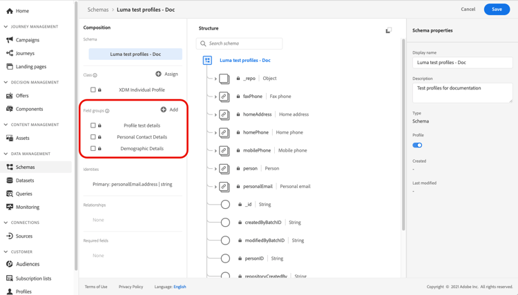 Panoramica dello schema con elenco di gruppi di campi