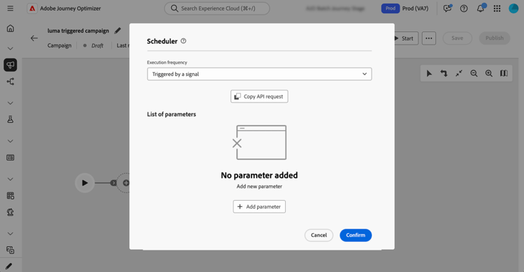 Menu Pianifica con attivazione da un'opzione di segnale selezionata