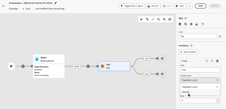 Parametro canale utilizzato come condizione nellattività di test
