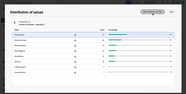 immagine che mostra l’interfaccia Distribuzione dei valori