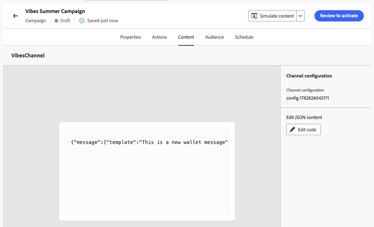 Editor payload canale personalizzato