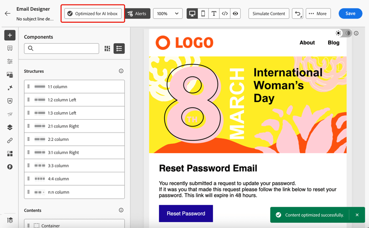Pulsante Riottimizza in E-mail Designer