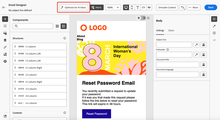 Pulsante Ottimizza per casella in entrata AI in E-mail Designer