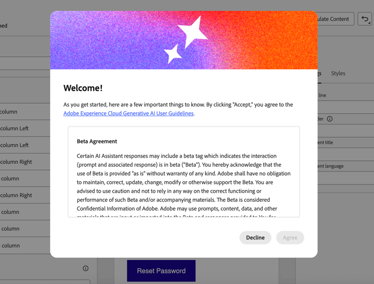 Finestra di dialogo del contratto utente Generative AI in Journey Optimizer