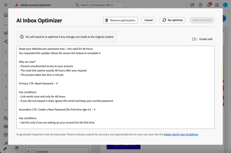 Versione precedentemente ottimizzata in E-mail Designer