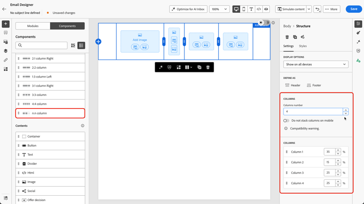 In Designer è visualizzata la scheda Impostazioni per un componente struttura selezionato, con il campo Numero colonne evidenziato