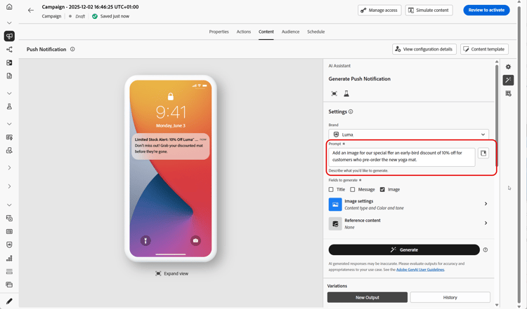 Generazione di immagini dell'Assistente AI per push