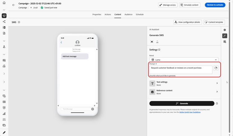 Assistente AI con campo Prompt e opzioni