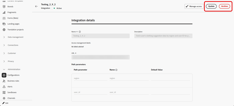 Opzioni di aggiornamento e archiviazione per una configurazione di integrazione