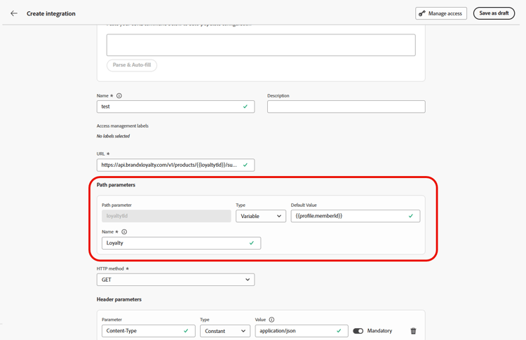 Configurazione del parametro percorso con campi Nome e Valore predefinito per ogni segnaposto