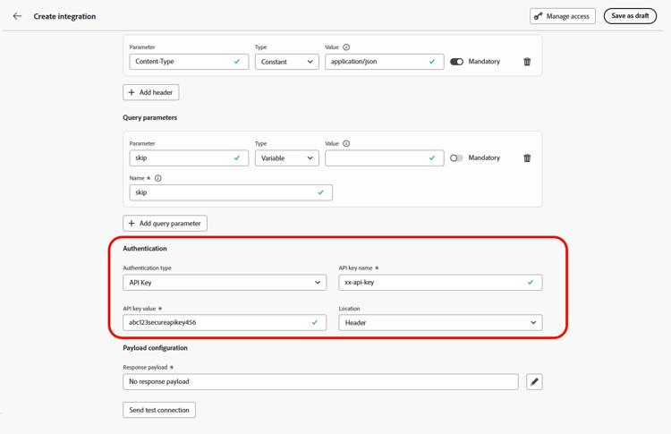 Opzioni per il tipo di autenticazione, tra cui Nessuna autenticazione, Chiave API, Autenticazione di base e OAuth 2.0