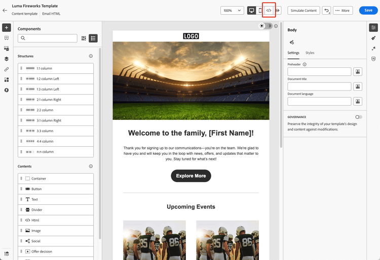 Posizione del pulsante HTML nella barra degli strumenti di E-mail Designer