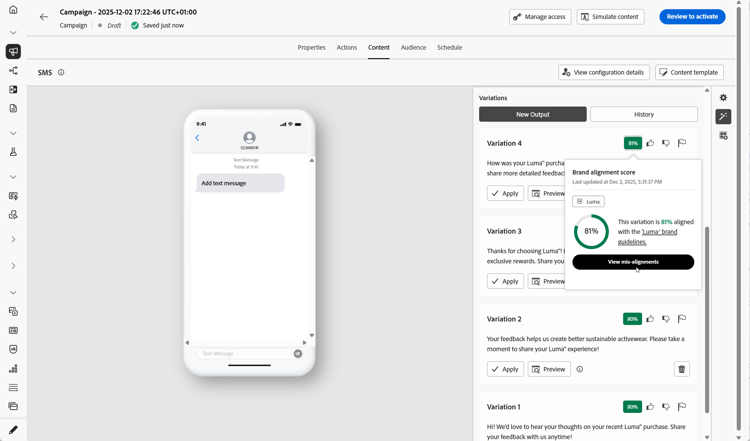 Varianti di testo generate con il punteggio di allineamento del marchio