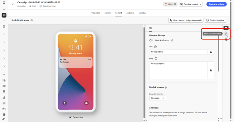 Editor notifiche push con pannello Genera contenuto aperto