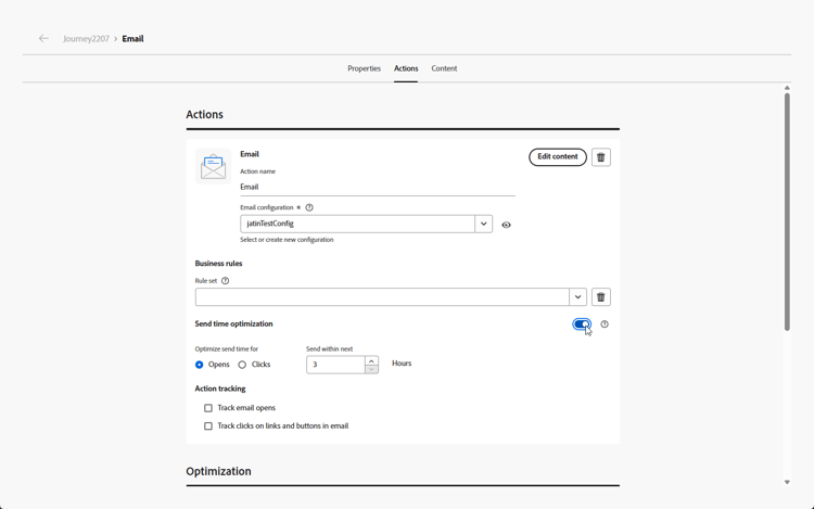 Attivazione/disattivazione ottimizzazione ora di invio nella configurazione del canale e-mail