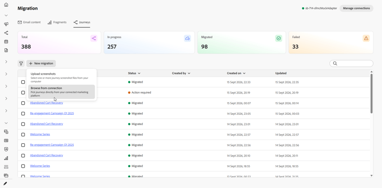 Percorsi con opzioni per caricare schermate o sfogliare da una connessione