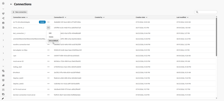Menu avanzato con opzioni per eliminare una connessione o contrassegnarla come predefinita