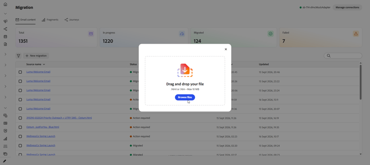 Area di caricamento file HTML per contenuto e-mail