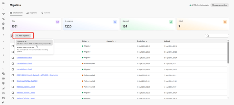 Scheda Contenuto e-mail con opzioni per caricare HTML o sfogliare da una connessione