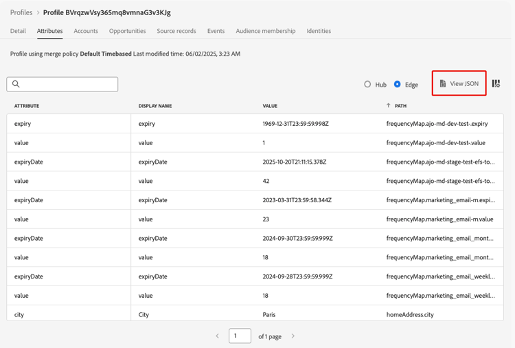 Visualizzazione attributi profilo in formato JSON che mostra lo stato di appartenenza al pubblico