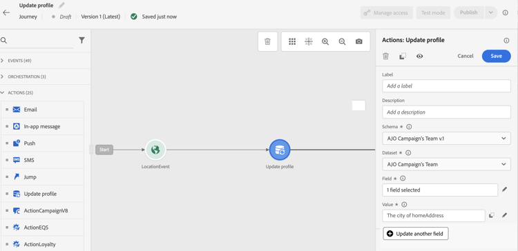 Attività di aggiornamento profilo in un percorso con configurazione di più campi